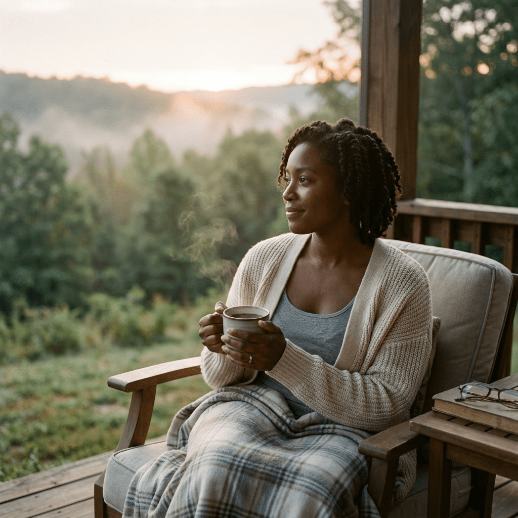 Woman holding steaming cup of coffee on porch with blanket